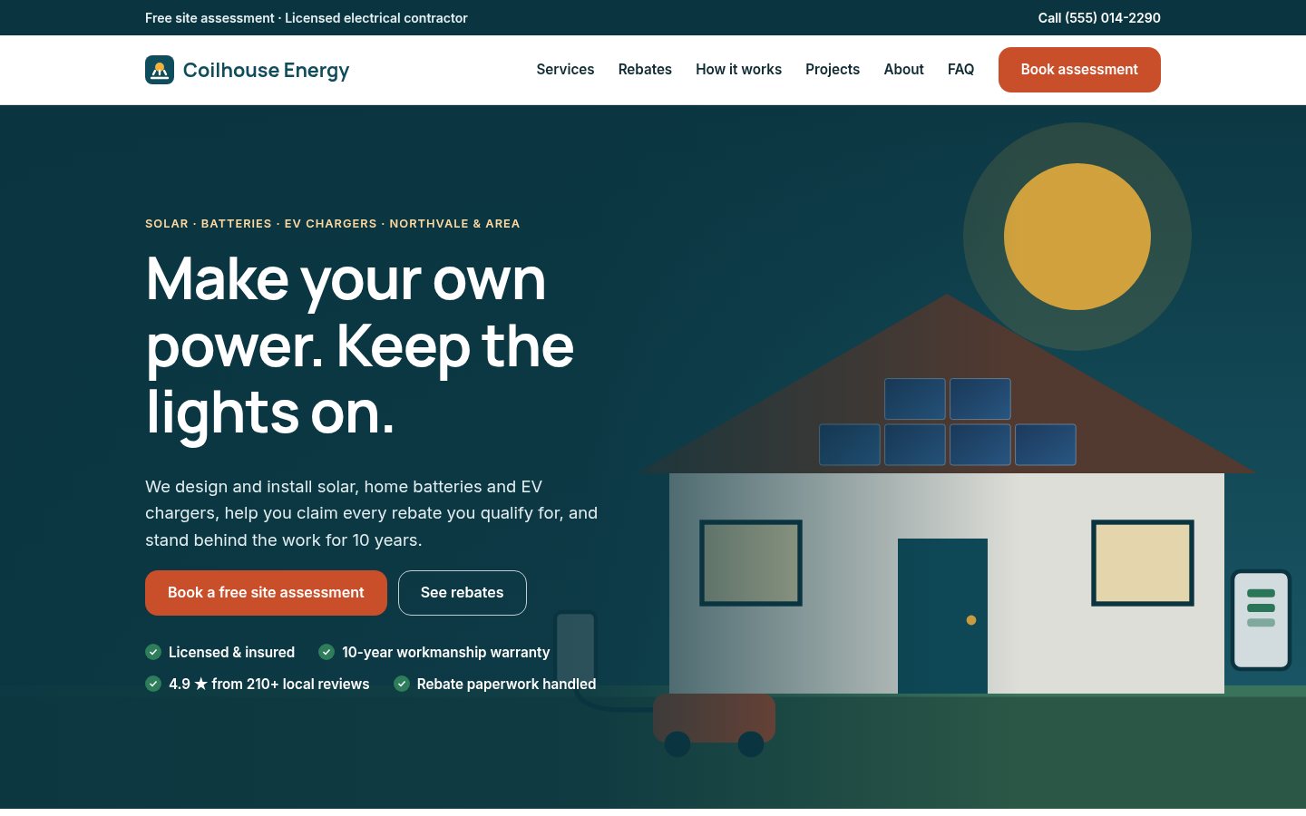 Coilhouse template home page: dark hero reading Make your own power. Keep the lights on, with a house, solar panels and a battery