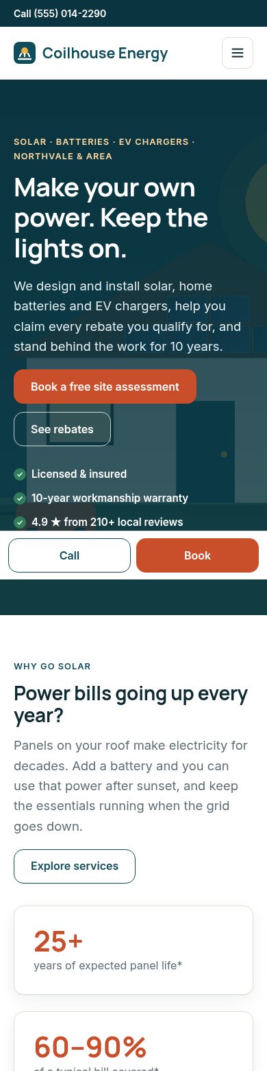 Coilhouse home page on a phone with Call and Book buttons